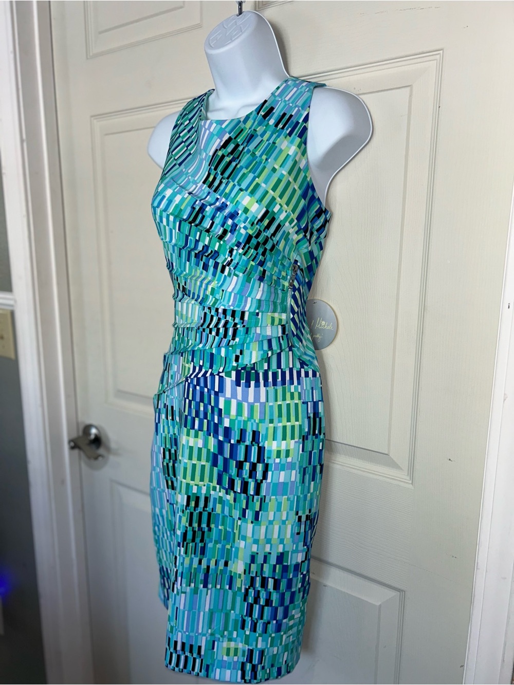 Emma & Michele Aqua, Teal & Blue Geometric Sheath Dress - Picture 1 of 6